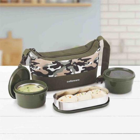 Cello MF Camo Treat 3 Stainless Steel Lunch Box | Insulated Lunch Bag | Leak Proof Container | Long Time Warm Food