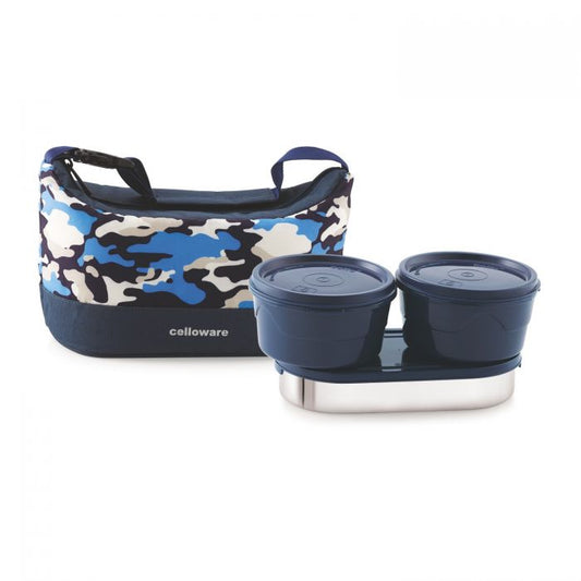 Cello MF Camo Treat 3 Stainless Steel Lunch Box | Insulated Lunch Bag | Leak Proof Container | Long Time Warm Food