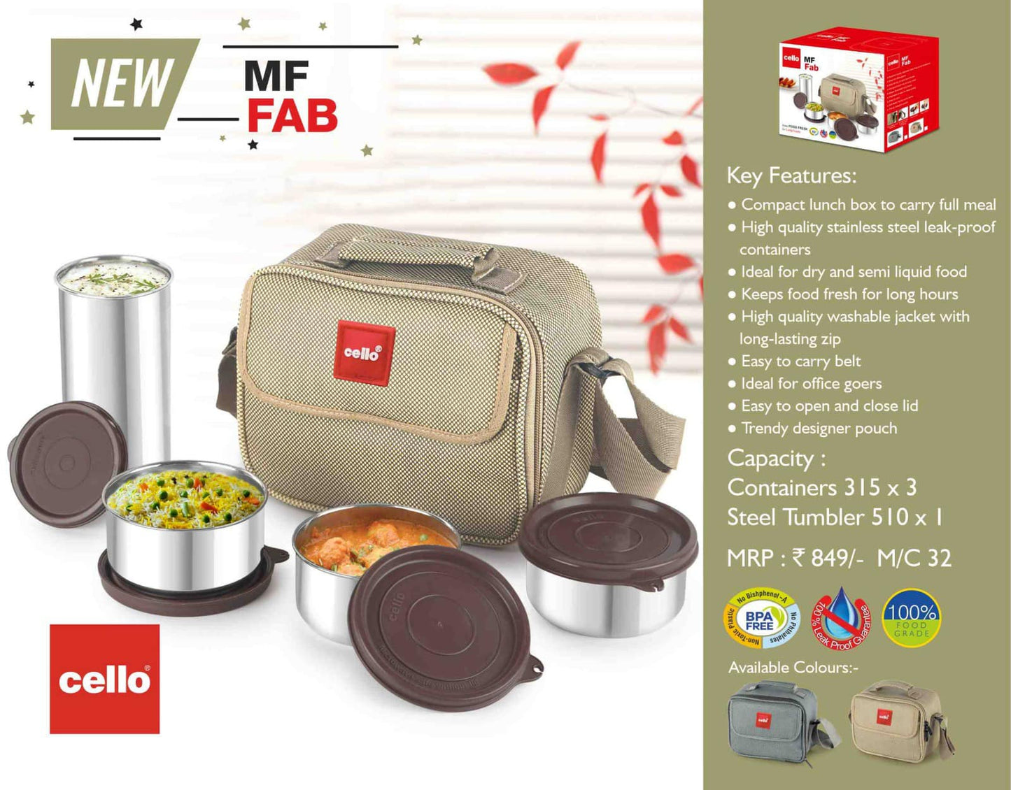 Cello MF Fab 3 Stainless Steel Lunch Box With Tumbler | Insulated Lunch Bag | Leak Proof Container | Long Time Warm Food