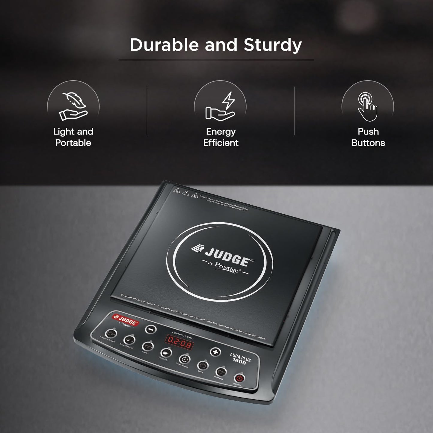 Judge By Prestige Aura Plus 1800W Multiple Indian Menu Option Induction Cooktop Black | Convenient Timer Function|Push Buttons|1 Year Warranty