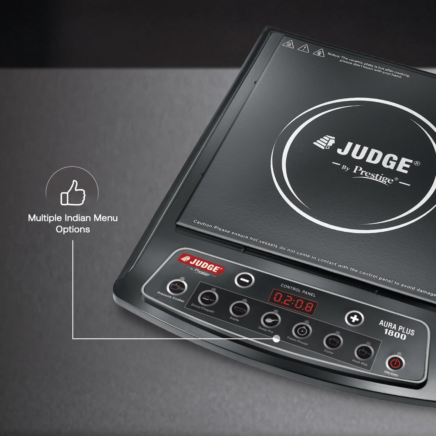 Judge By Prestige Aura Plus 1800W Multiple Indian Menu Option Induction Cooktop Black | Convenient Timer Function|Push Buttons|1 Year Warranty
