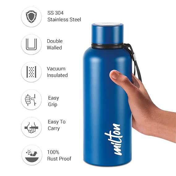 Milton Aura 750 Thermosteel Water Bottle 725 ml, 24 Hr Hot and Cold I Leak Proof Lid I Dark Blue