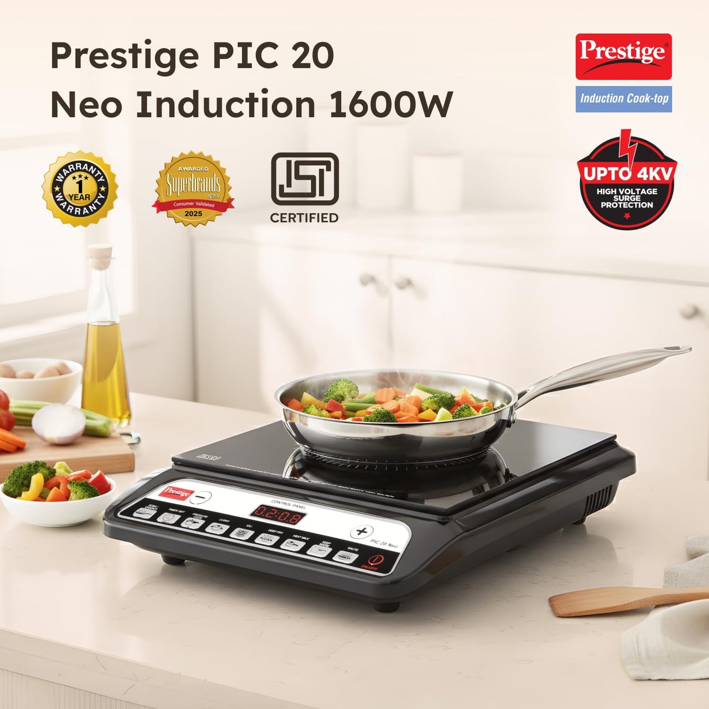 Prestige Pic 20 Neo Induction Cooktop 1600W|Indian Menu Options| Automatic Voltage Regulator