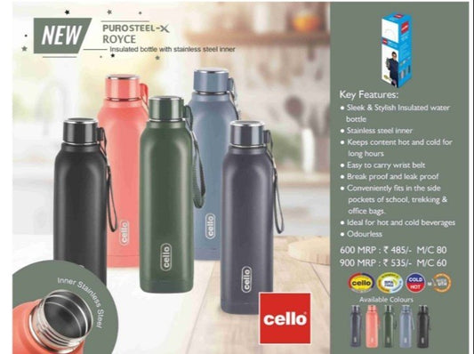 Cello Puro Steel-X Royce | Inner Steel Bottle | PU Insulation | Cold Insulated Bottle | Best Usage for Office/School/College/Gym/Picnic/Home/Fridge